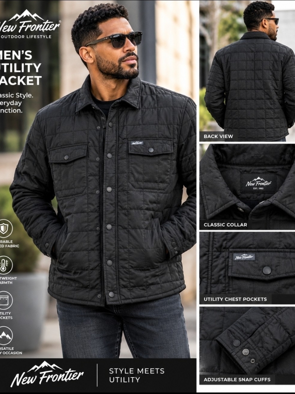 New Frontier Men’s Black Quilted Utility Tech Jacket Size Medium